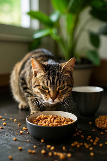 家猫低头吃猫粮场景