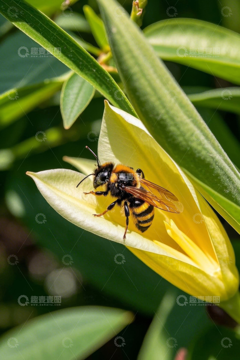 高清大图下载【趣麦麦图】蜜蜂停留在黄色花朵上