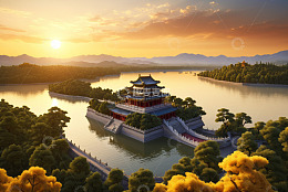 中式古建筑湖畔日落景观