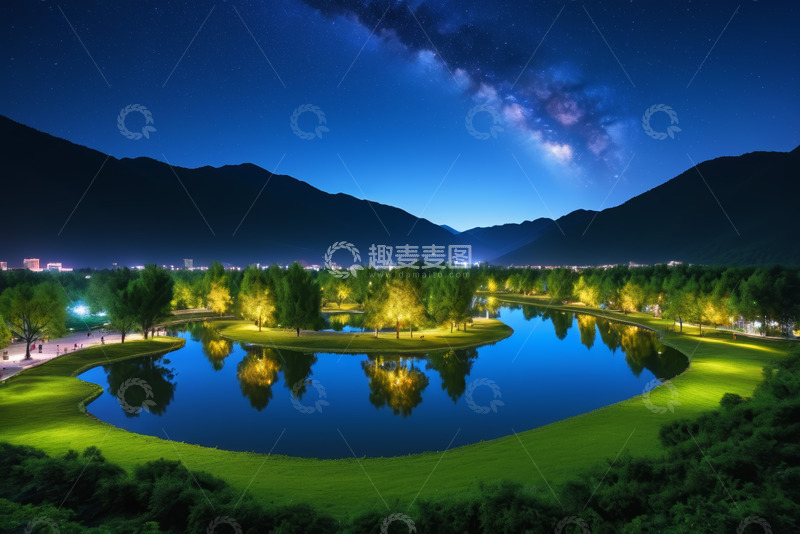 高清大图下载【趣麦麦图】夜晚湖畔星空自然风光