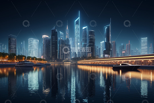 夜晚城市滨水摩天大楼景观