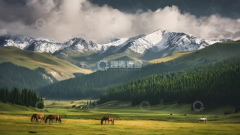 高清大图下载【趣麦麦图】雪山草原骏马风光摄影图片