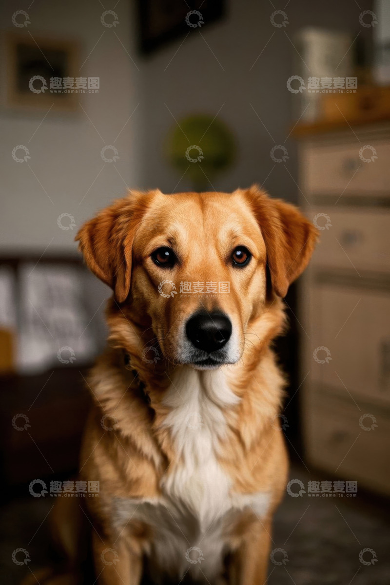 高清大图下载【趣麦麦图】室内端坐的金毛犬
