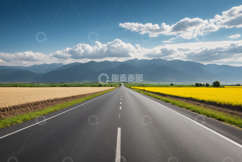 高清大图下载【趣麦麦图】田野间的公路与远处山脉景色
