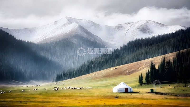 高清大图下载【趣麦麦图】雪山草原蒙古包风光