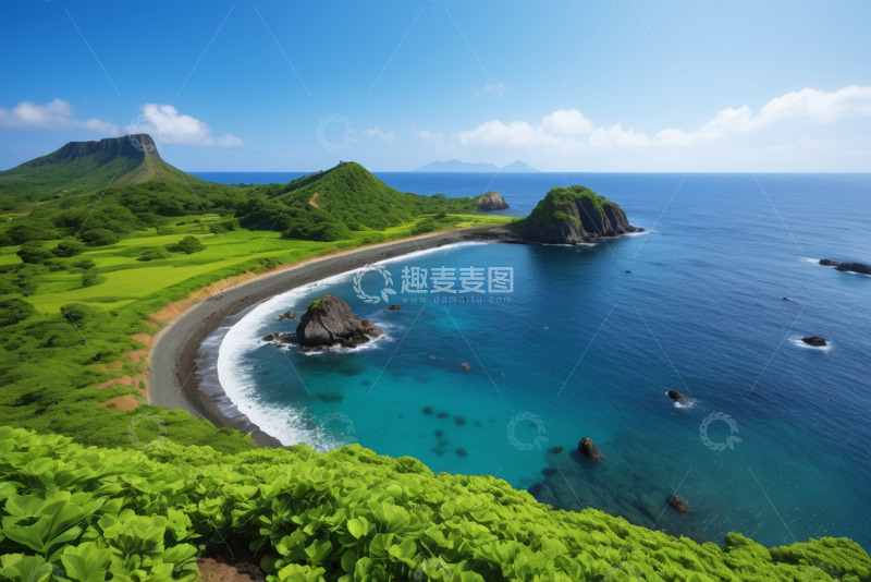 高清大图下载【趣麦麦图】海岸边葱郁山丘与碧蓝海水景观