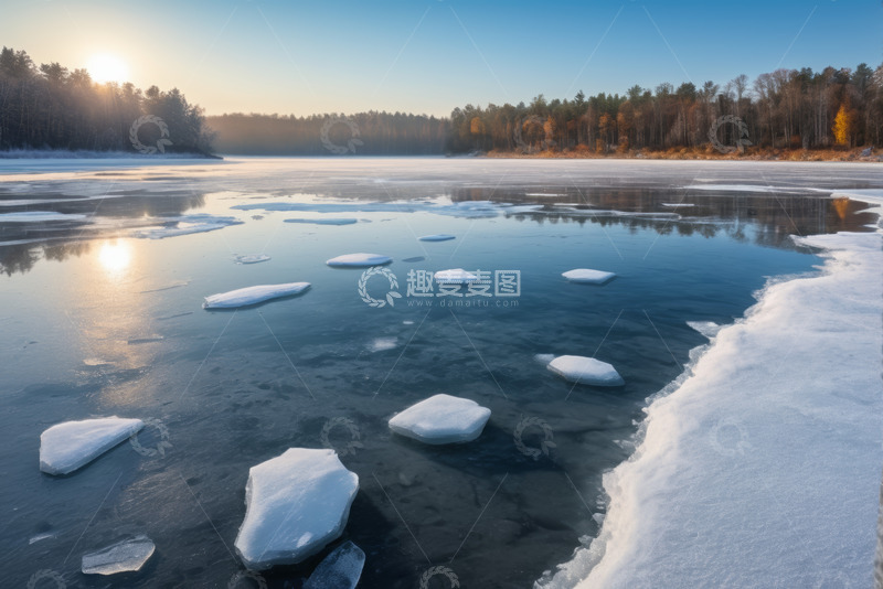 高清大图下载【趣麦麦图】冬日结冰湖面与岸边树林景观