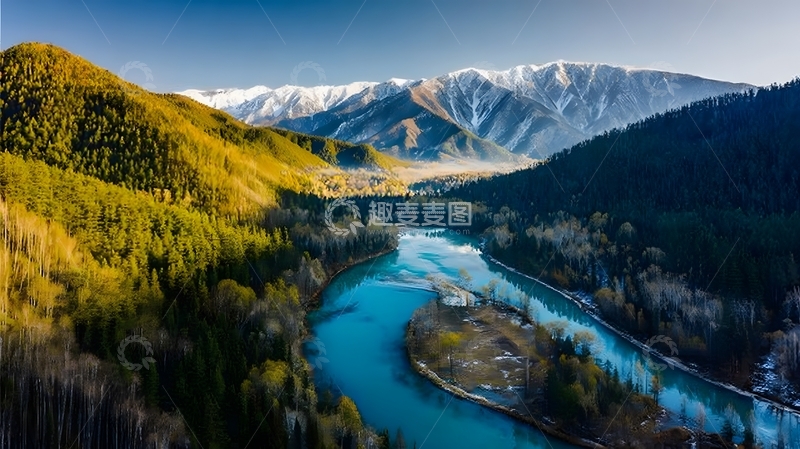 高清大图下载【趣麦麦图】山水画卷蔚蓝河流山林雪景自然风光