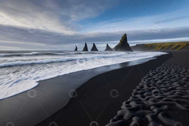 高清大图下载【趣麦麦图】冰岛黑沙滩与海中岩石景观