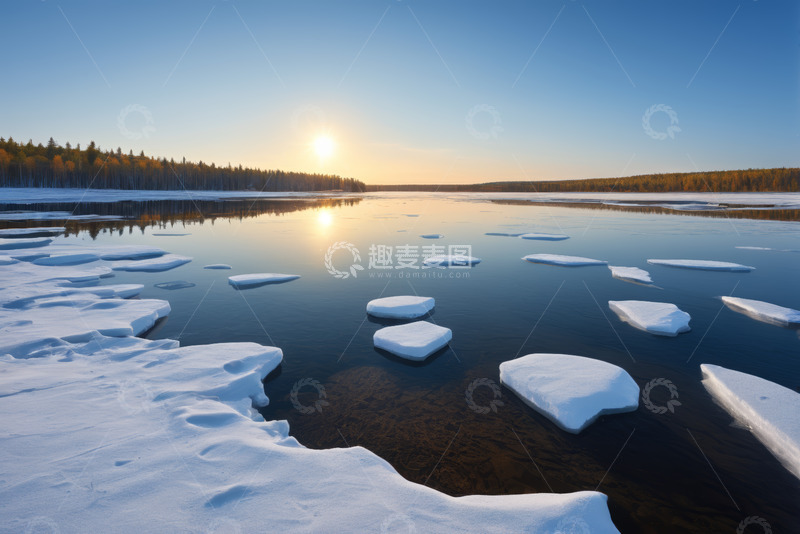 高清大图下载【趣麦麦图】冰雪覆盖湖面的日出景象