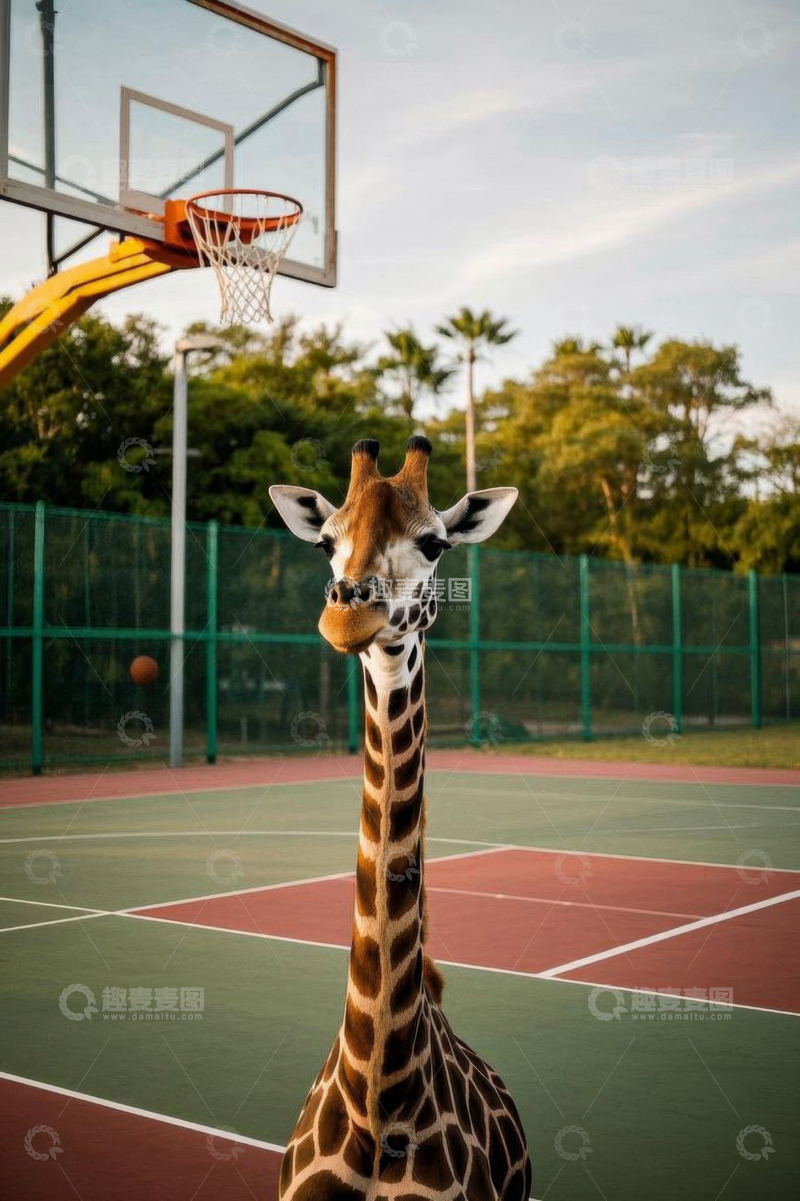 高清大图下载【趣麦麦图】篮球场上的长颈鹿