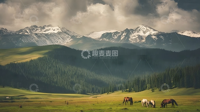高清大图下载【趣麦麦图】雪山草原骏马风光摄影图片