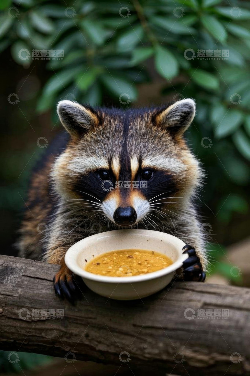 高清大图下载【趣麦麦图】浣熊手持碗进食特写