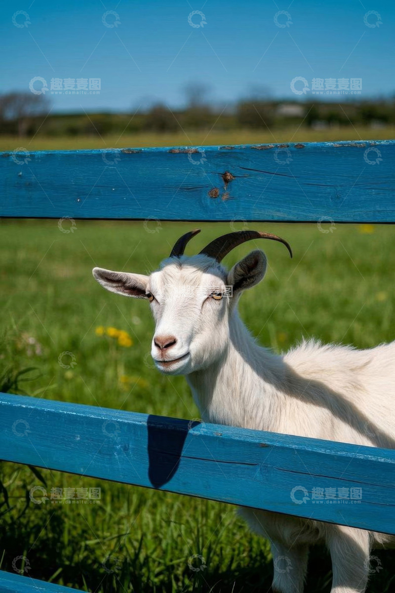 高清大图下载【趣麦麦图】蓝围栏旁的山羊特写