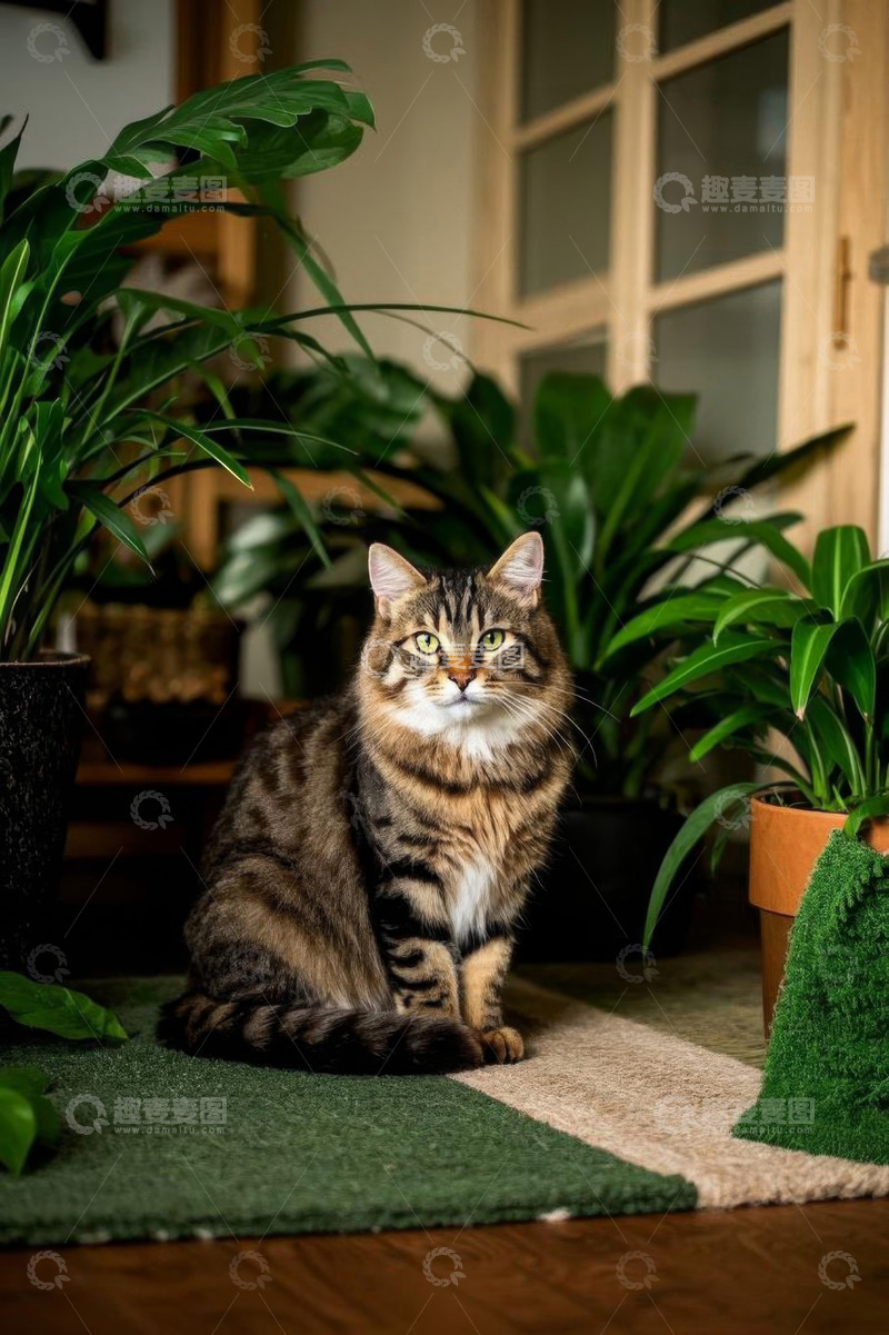 高清大图下载【趣麦麦图】室内坐着的花纹猫咪
