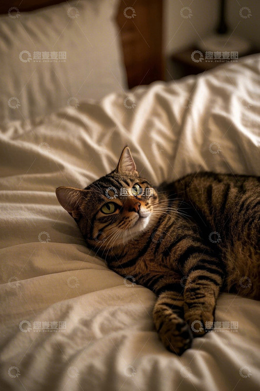 猫咪卧于床上的闲适画面
