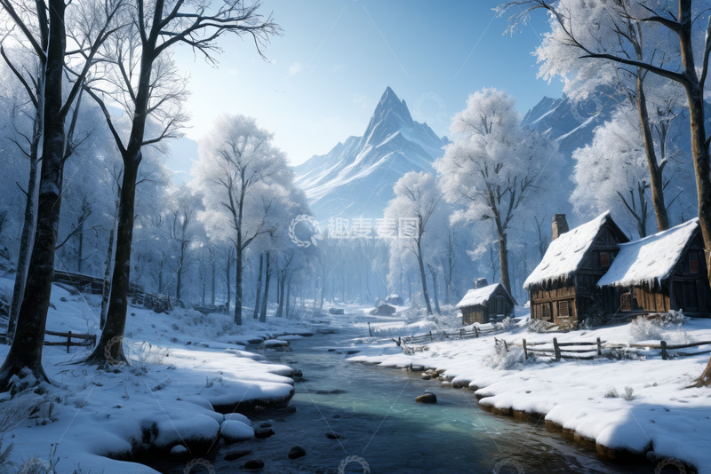 高清大图下载【趣麦麦图】冬日雪景中的森林与木屋