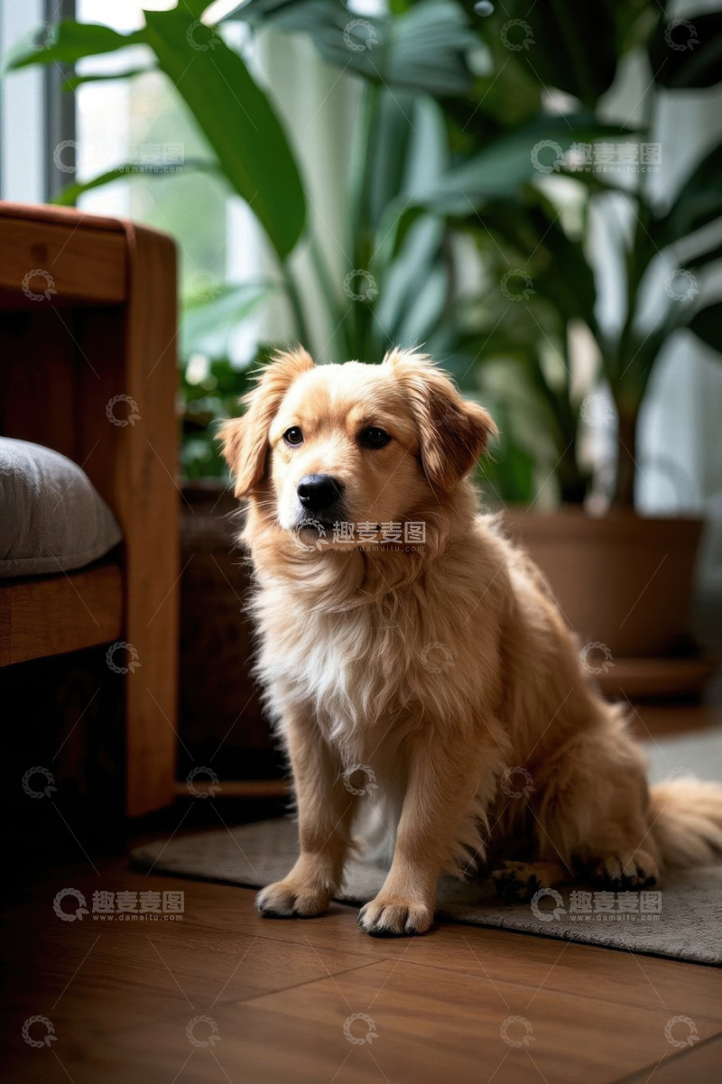 高清大图下载【趣麦麦图】室内坐着的金毛犬