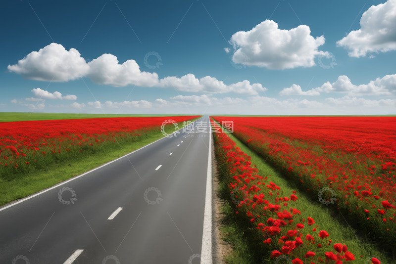 高清大图下载【趣麦麦图】公路旁红色花海自然风光