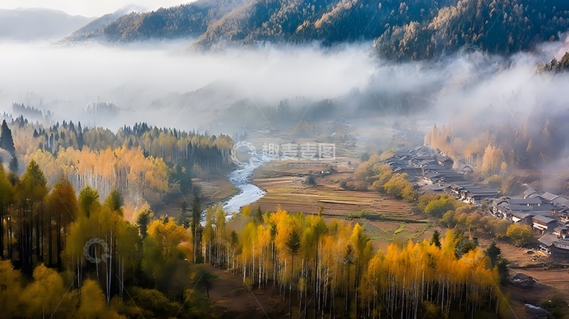 高清大图下载【趣麦麦图】秋日山谷雾霭风光摄影