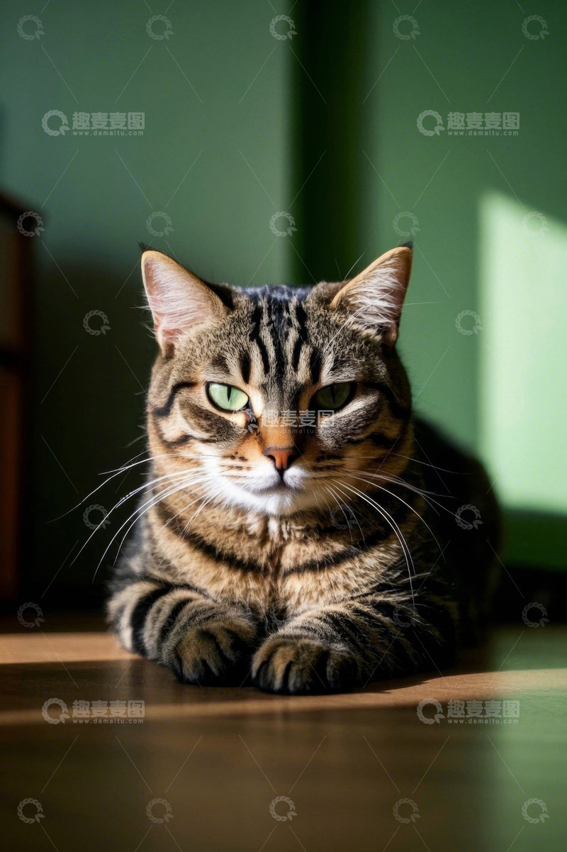 高清大图下载【趣麦麦图】趴卧的斑纹宠物猫特写