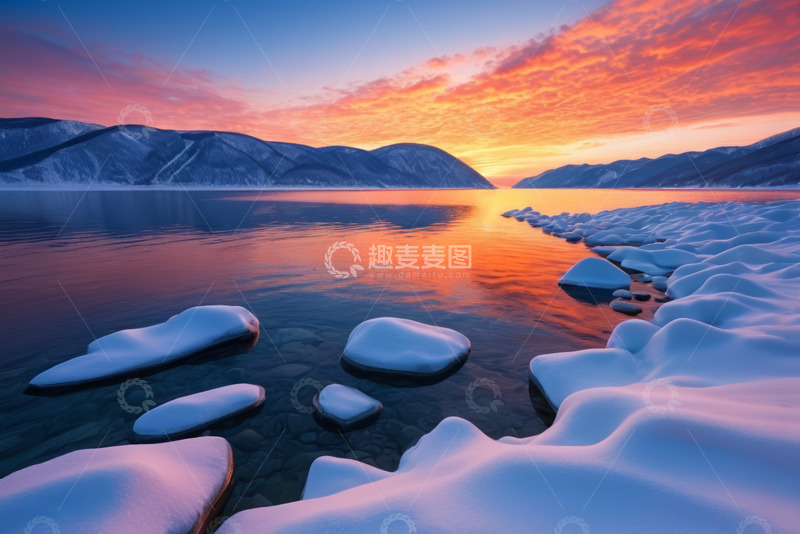 高清大图下载【趣麦麦图】冬日冰封湖面与绚丽天空景观