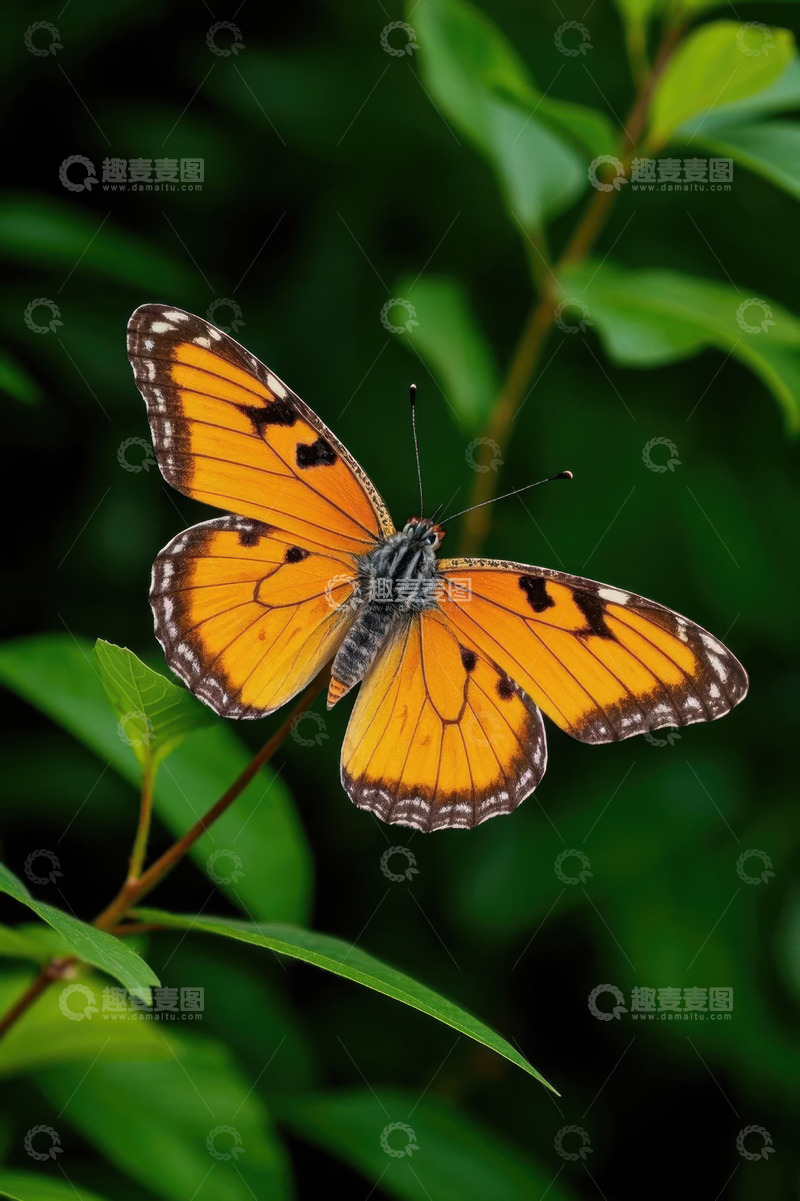 高清大图下载【趣麦麦图】橙黄色蝴蝶停留在绿叶上