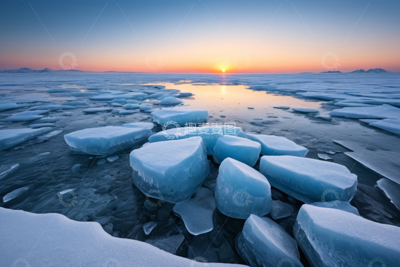 高清大图下载【趣麦麦图】冰面浮冰与日出景观