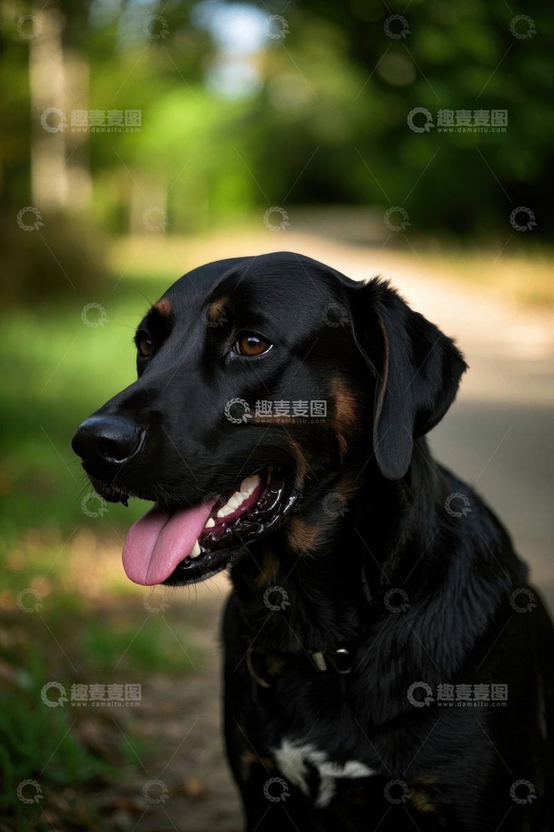 高清大图下载【趣麦麦图】户外黑狗吐舌休憩特写