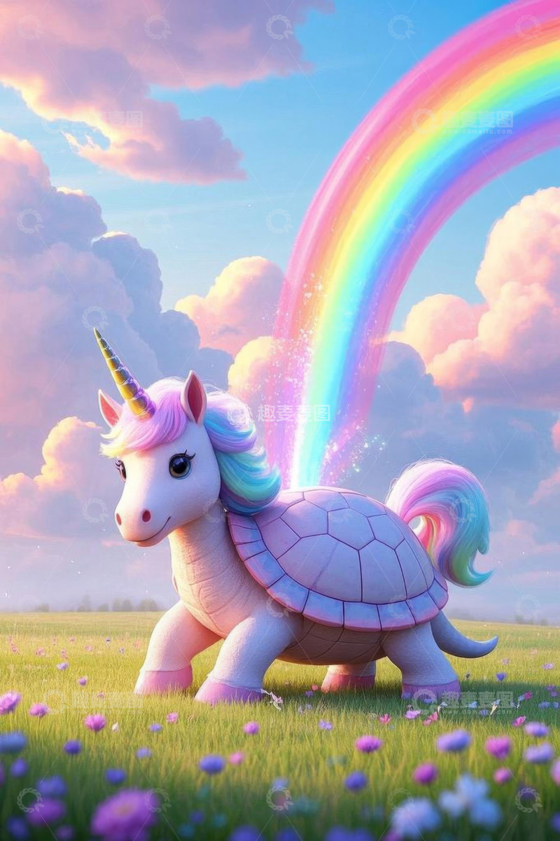 高清大图下载【趣麦麦图】草地上的独角兽龟奇幻场景