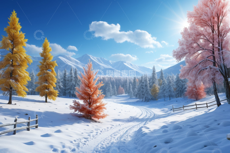 高清大图下载【趣麦麦图】冬日雪境彩色树木与雪山风景