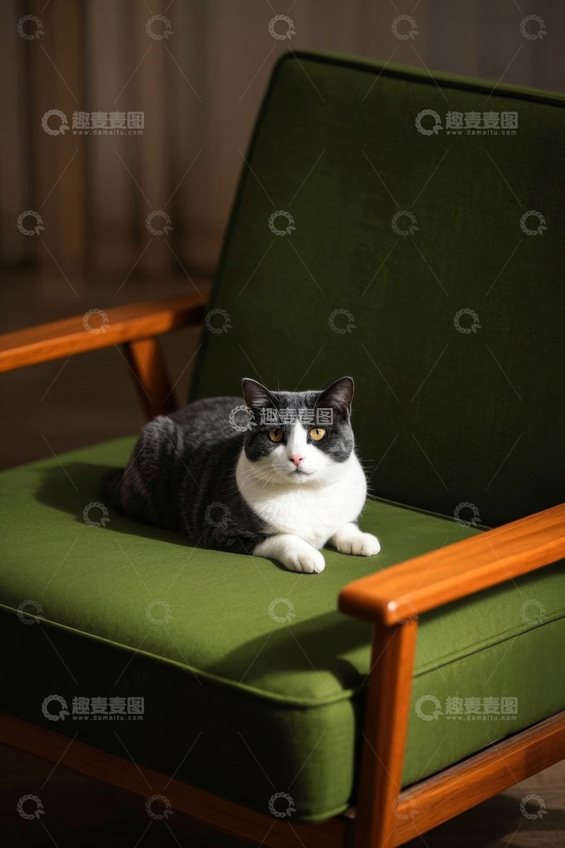 高清大图下载【趣麦麦图】灰白猫咪趴坐绿色扶手椅