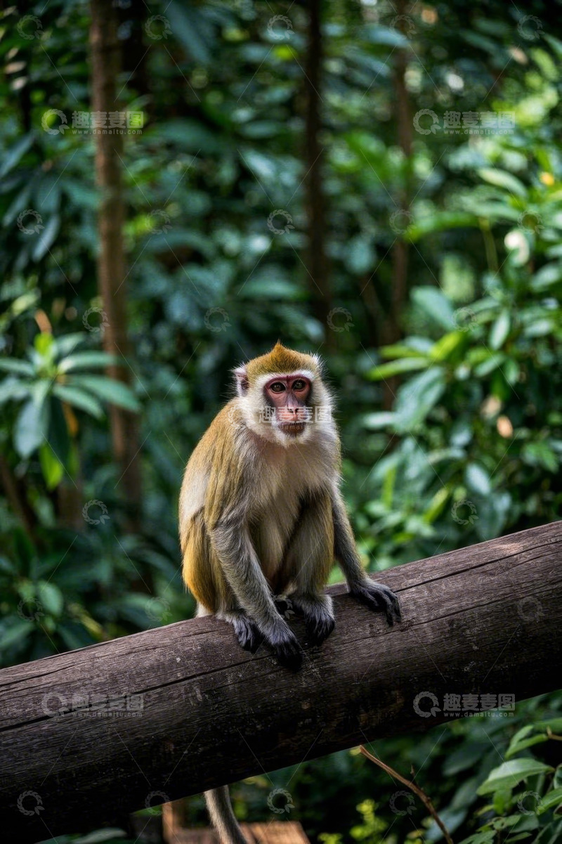 高清大图下载【趣麦麦图】森林中猴子坐于木头上
