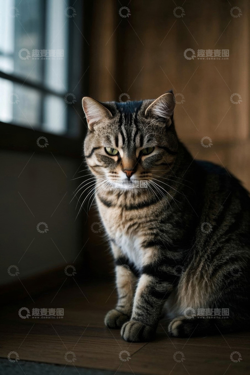高清大图下载【趣麦麦图】室内坐着的虎斑猫