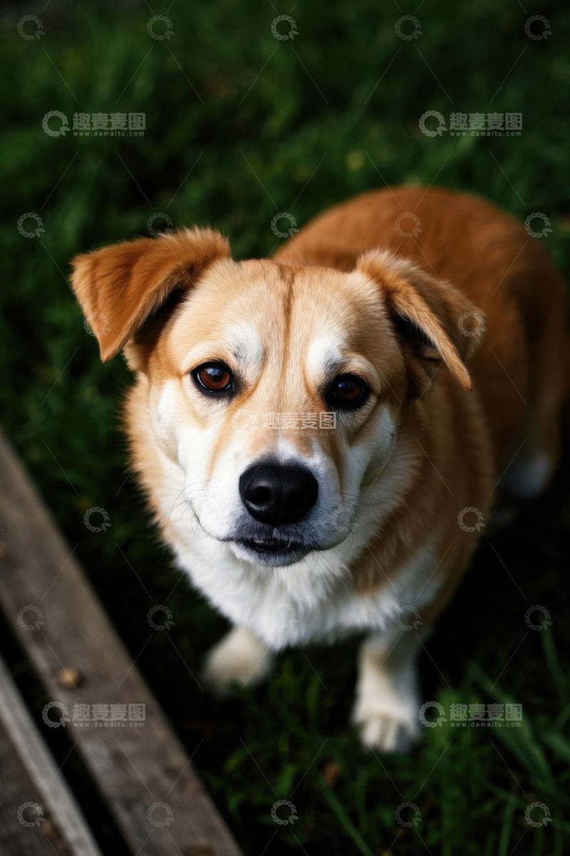 高清大图下载【趣麦麦图】草地中的棕白相间小狗