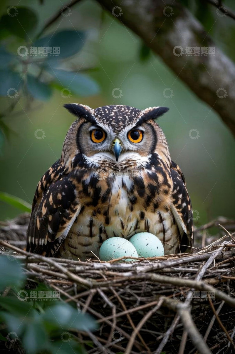 高清大图下载【趣麦麦图】猫头鹰于巢中守护鸟蛋画面