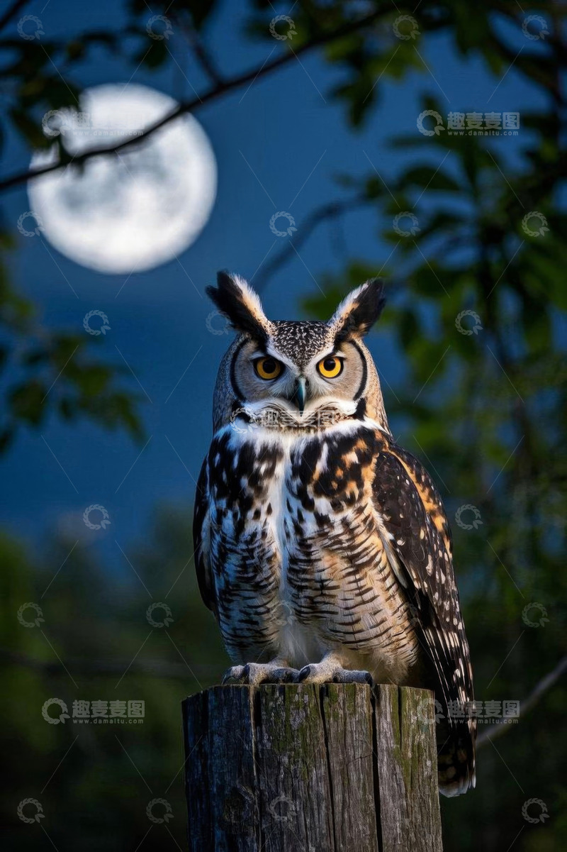 高清大图下载【趣麦麦图】月夜下栖息的猫头鹰