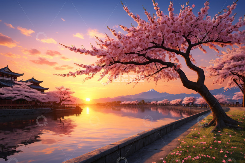 高清大图下载【趣麦麦图】湖畔樱花古建筑日落景观