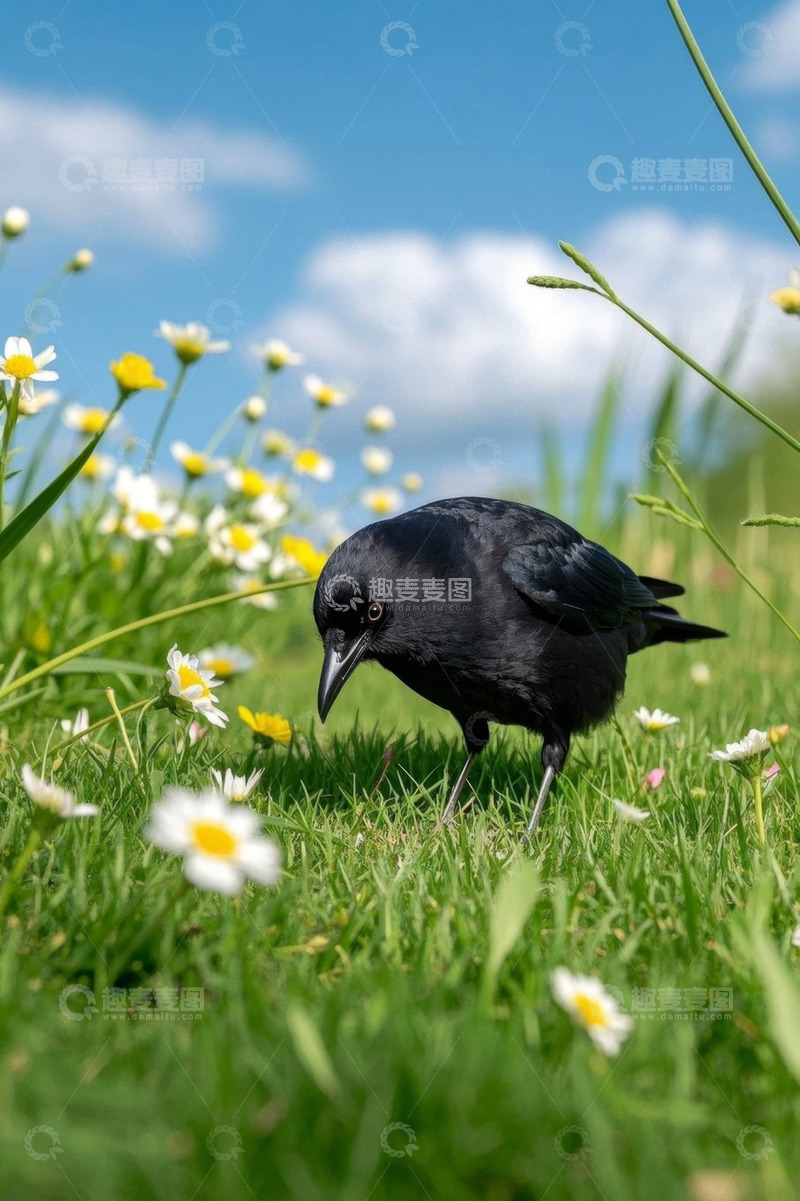 高清大图下载【趣麦麦图】草地上觅食的黑色小鸟