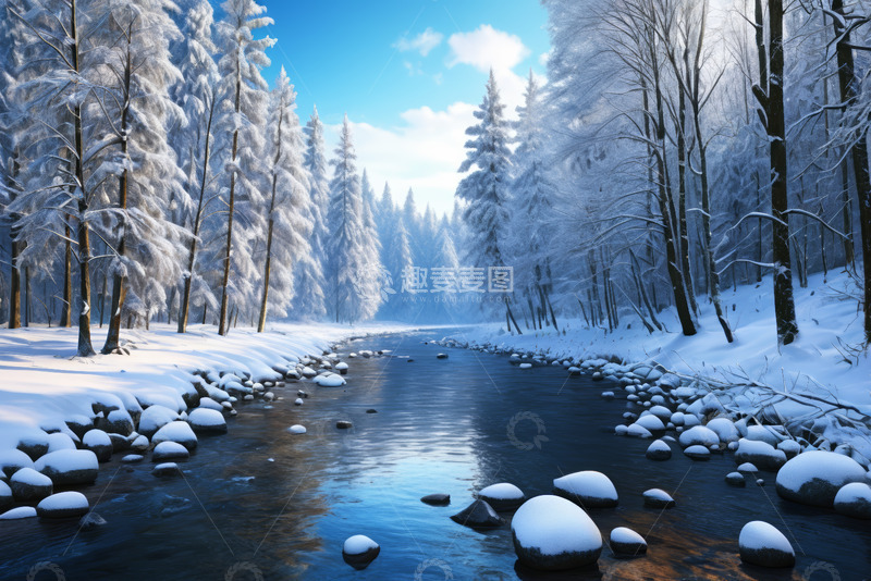 高清大图下载【趣麦麦图】冬日雪覆森林中的河流景象
