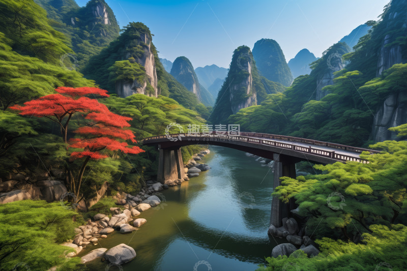 高清大图下载【趣麦麦图】山间河流上的桥梁风景