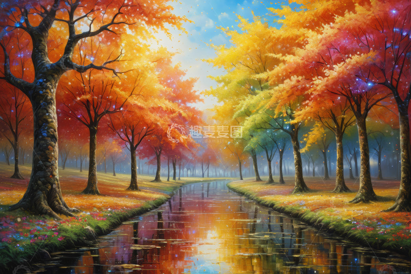 高清大图下载【趣麦麦图】秋日森林河道绚丽风光