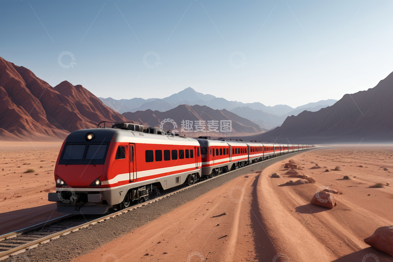 高清大图下载【趣麦麦图】沙漠中行驶的红色火车
