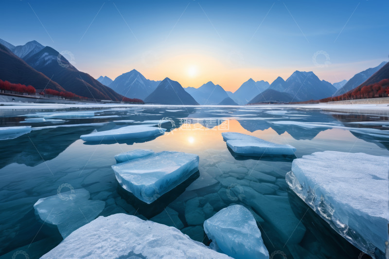 高清大图下载【趣麦麦图】湖面上漂浮的冰块与远山日落