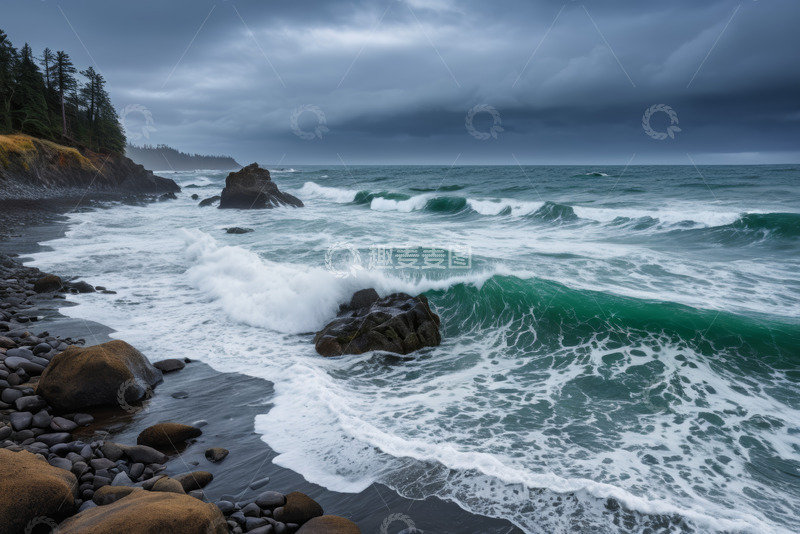 高清大图下载【趣麦麦图】海浪拍打岸边礁石的海岸景象