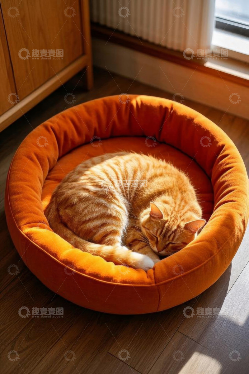 高清大图下载【趣麦麦图】橘猫在橙色猫窝中熟睡