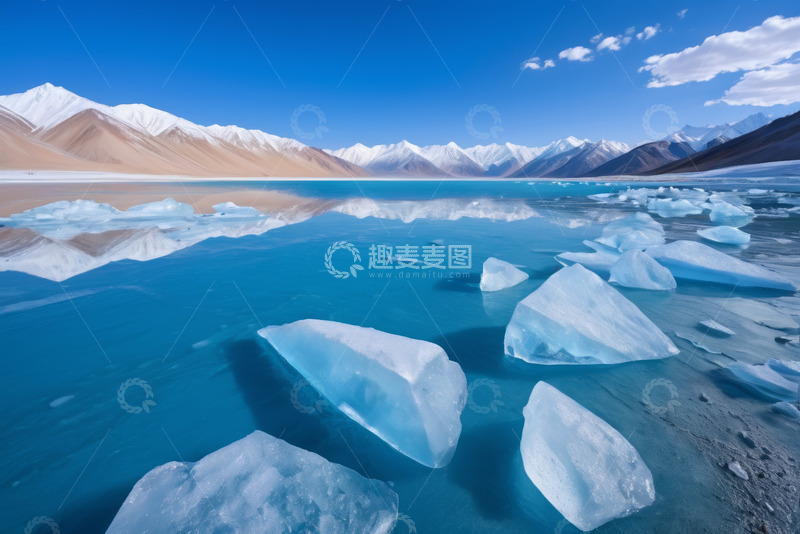 高清大图下载【趣麦麦图】雪山下蓝湖中的漂浮冰块