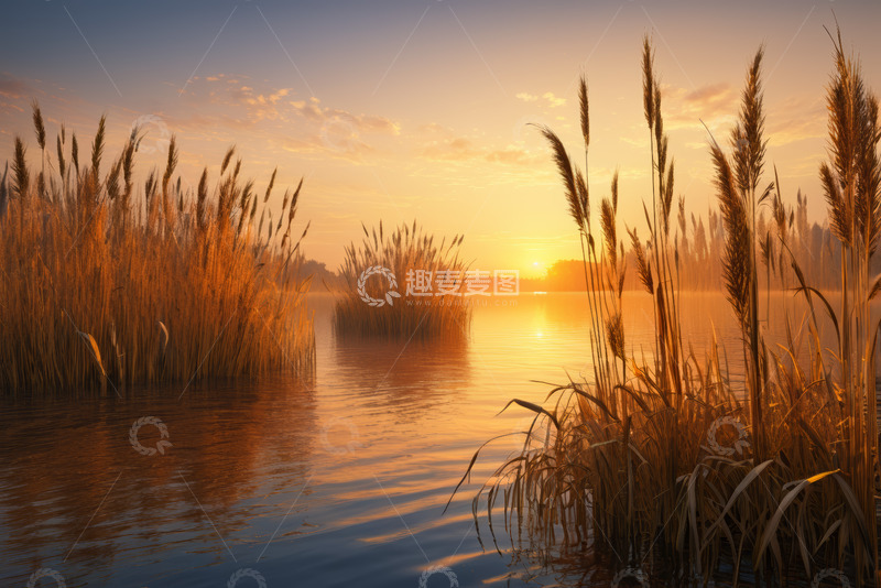 高清大图下载【趣麦麦图】湖畔芦苇荡日出美景