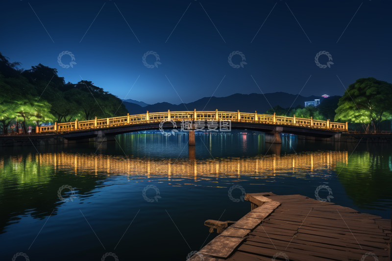 高清大图下载【趣麦麦图】夜晚湖边桥梁与水面景观