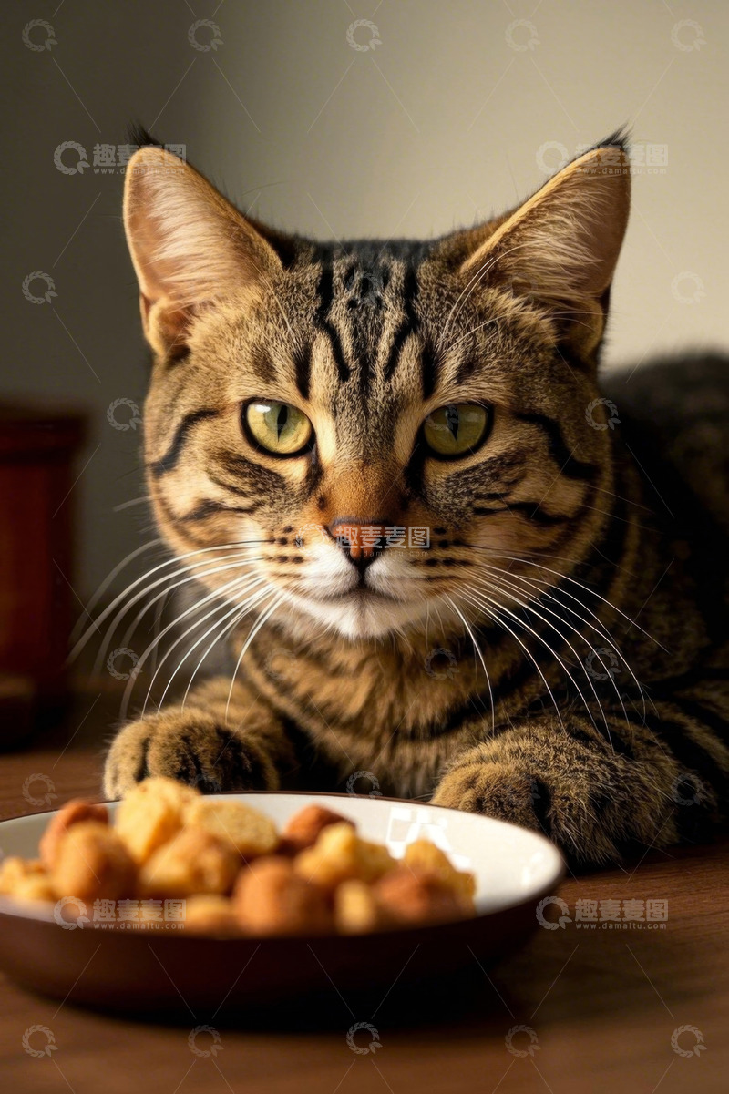 高清大图下载【趣麦麦图】虎斑猫凝视食物特写